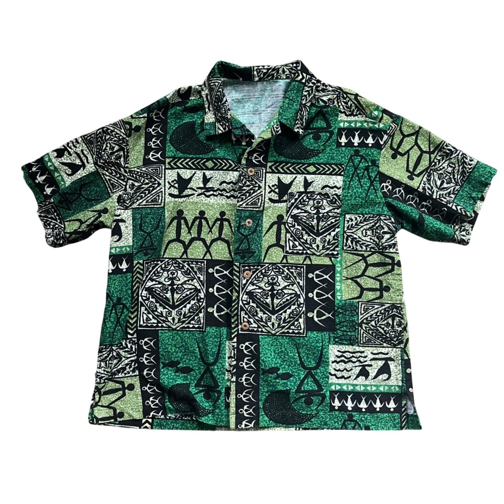 Mens Tribal Block Print Button Down Camp Shirt Green Short Sleeve